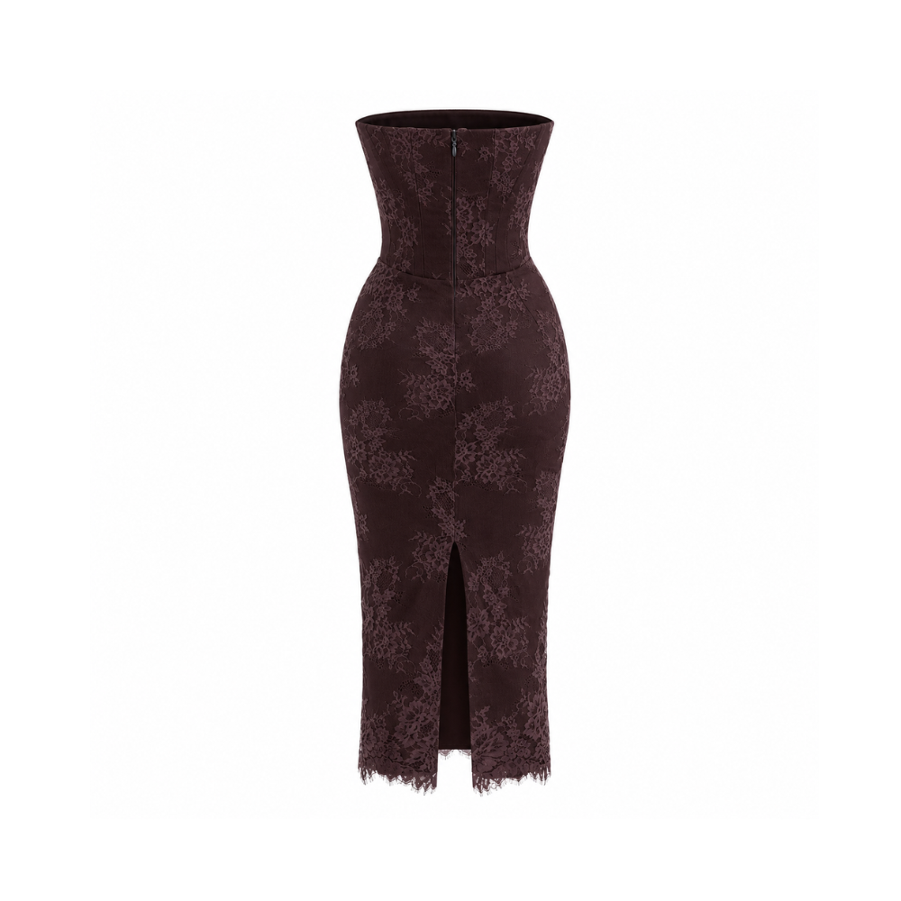 House of CB Larra Dress Bitter Chocolate Lace Corset Midi & Bolero