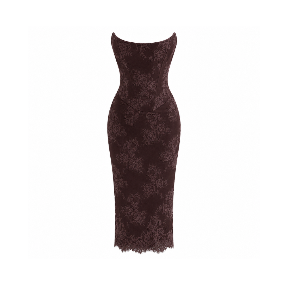 House of CB Larra Dress Bitter Chocolate Lace Corset Midi & Bolero
