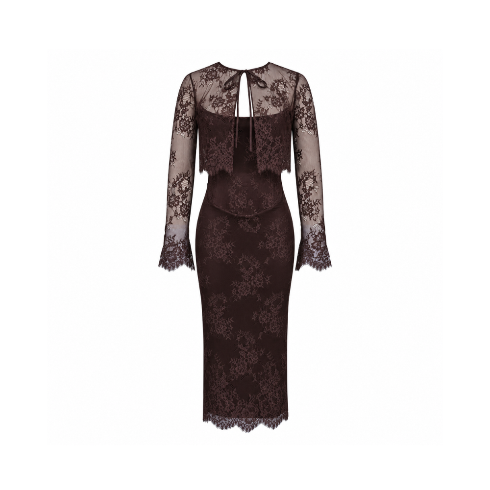 House of CB Larra Dress Bitter Chocolate Lace Corset Midi & Bolero