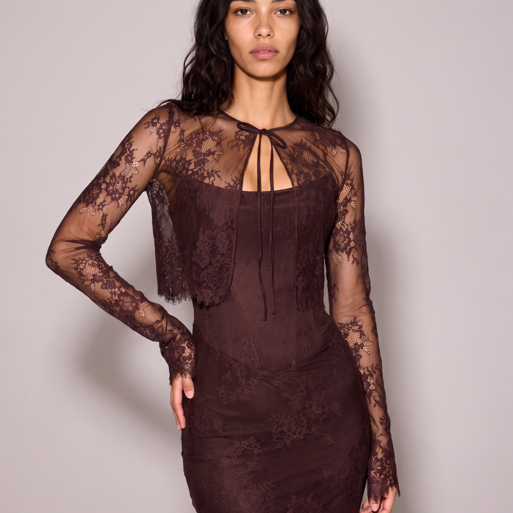 House of CB Larra Dress Bitter Chocolate Lace Corset Midi & Bolero